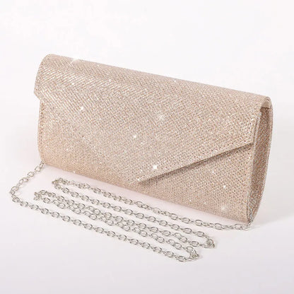 “Glitter Evening Bag for Women, Shiny Silver Party Clutch with Chain Strap.”