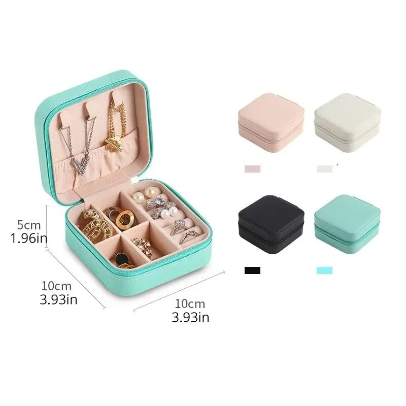 “Portable mini jewelry storage box, PU leather, for earrings, necklaces, rings.”