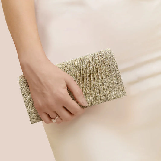 “Glitter Evening Bag for Women, Shiny Silver Party Clutch with Chain Strap.”