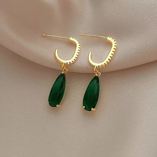 “Huitan Pear Green CZ Drop Earrings - Gold Color Luxury Jewelry for Women.”