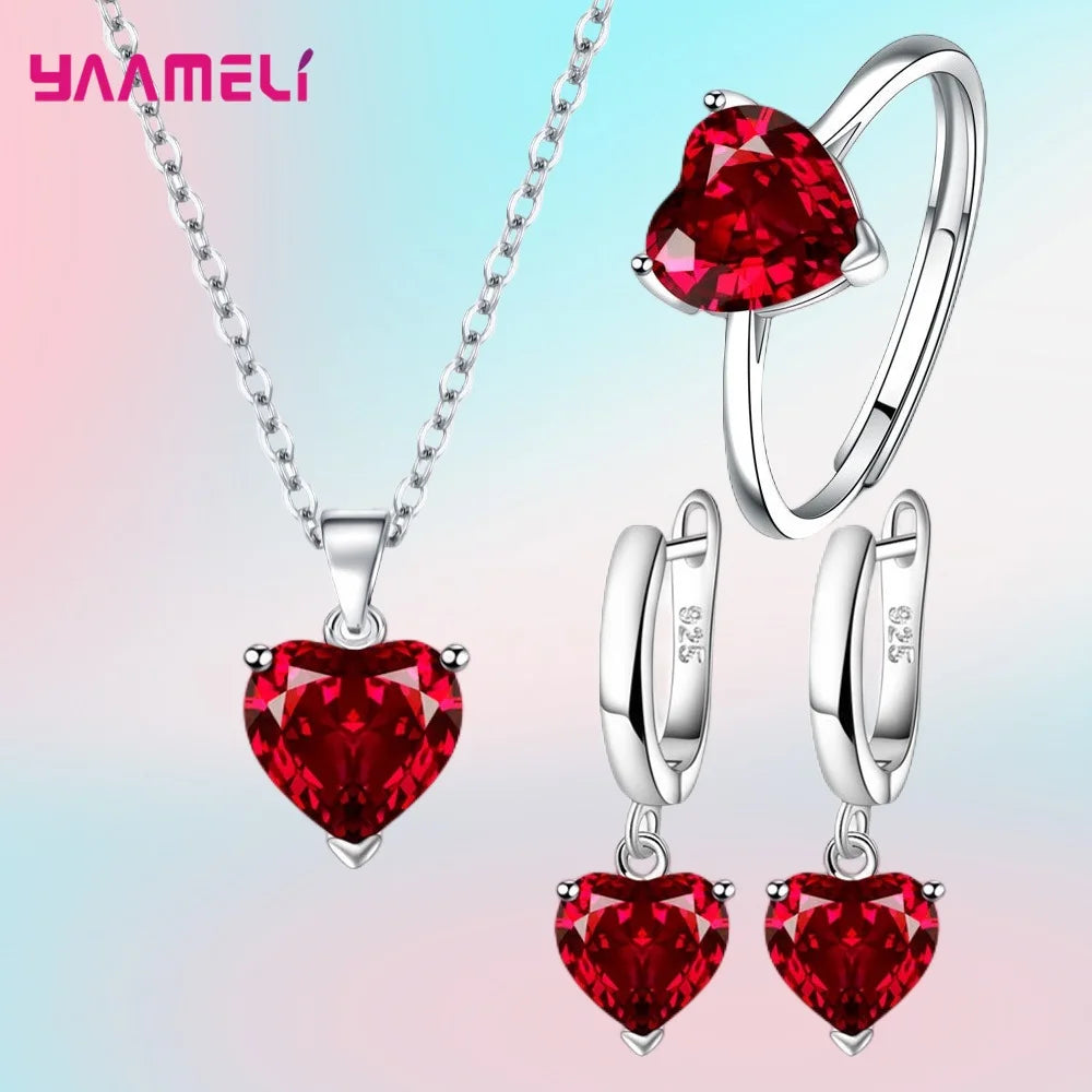 “Romantic 925 Sterling Silver Jewelry Set - Heart-Shaped Zircon Earrings, Necklace, and Ring.”