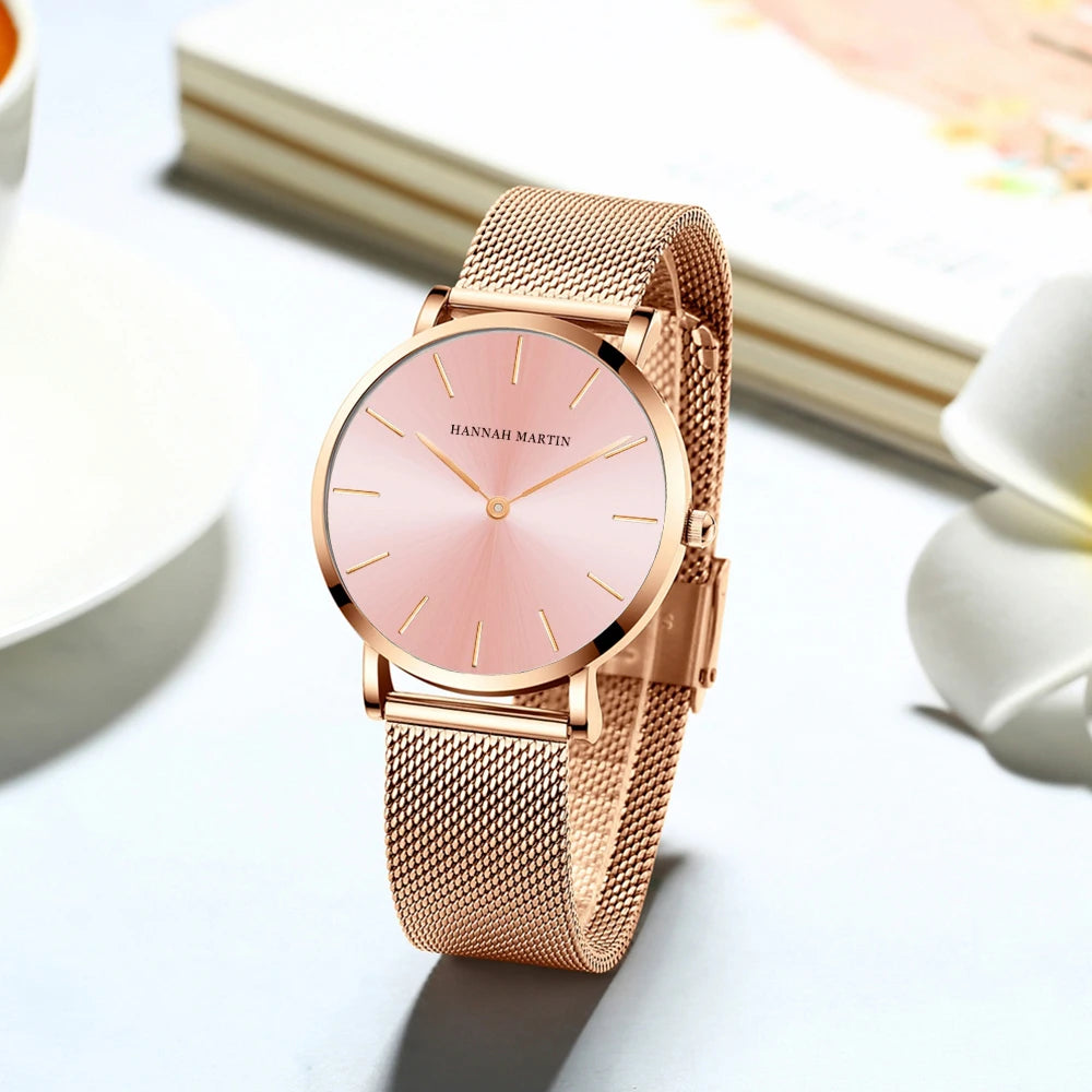 “Rose gold women’s bracelet watch, stainless steel mesh, simple, Japanese quartz.”