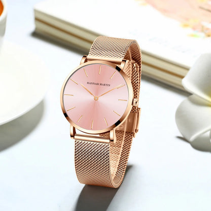 “Rose gold women’s bracelet watch, stainless steel mesh, simple, Japanese quartz.”