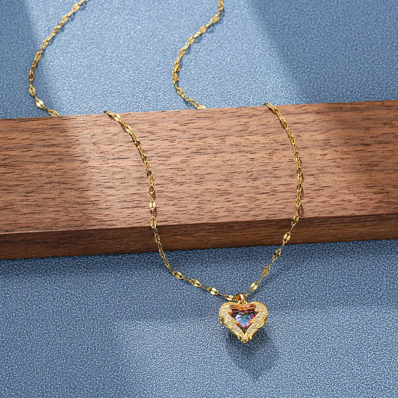 “Top Luxury Colorful Crystal Ocean Heart Pendant Necklace - 316L Stainless Steel Jewelry.”
