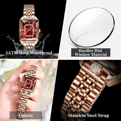 “Elegant waterproof women’s wristwatch, stainless steel, quartz, date display, stylish rectangle design.”