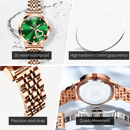 “Love Diamond Inlaid Steel Band Women’s Quartz Watch Elegant Fashion Timepiece.”