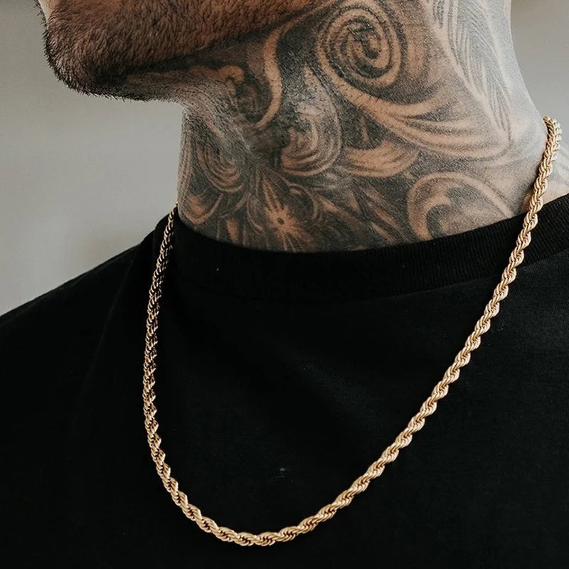 “Men’s Long Rope Necklace - Stainless Steel Minimalist Twist Chain, Gold & Silver.”