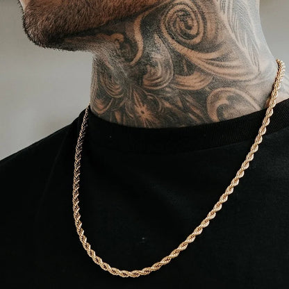 “Men’s Long Rope Necklace - Stainless Steel Minimalist Twist Chain, Gold & Silver.”