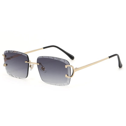 “Square rimless sunglasses, trendy metal frame, high-grade unisex street style.”