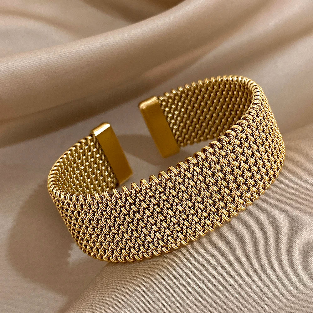 “Vintage Braided Mesh Cuff, Stainless Steel Waterproof Jewelry, Daily Party Gifts”
