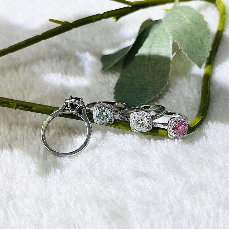 “1-carat colored moissanite ring, 925 sterling silver, classic wedding jewelry.”