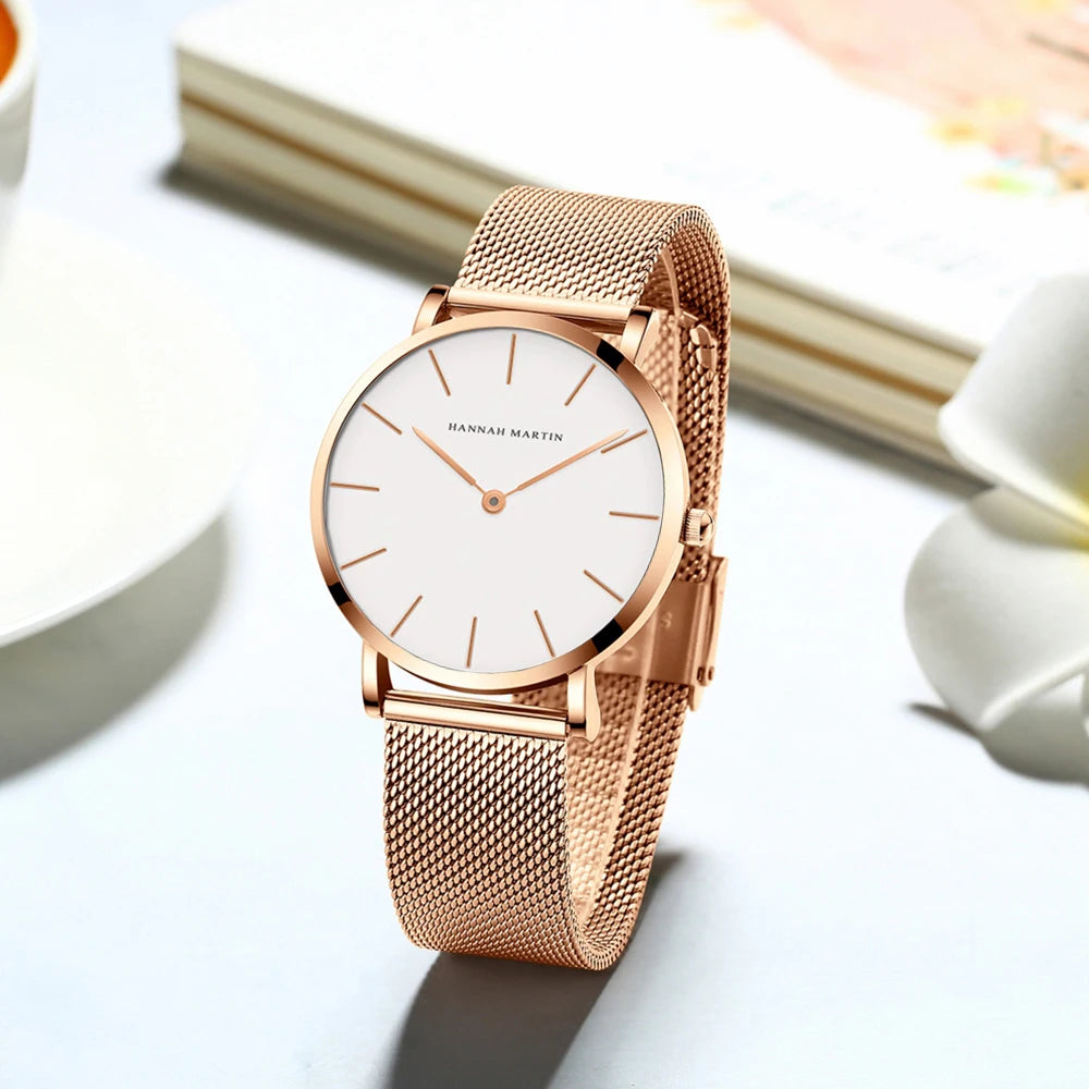 “Rose gold women’s bracelet watch, stainless steel mesh, simple, Japanese quartz.”