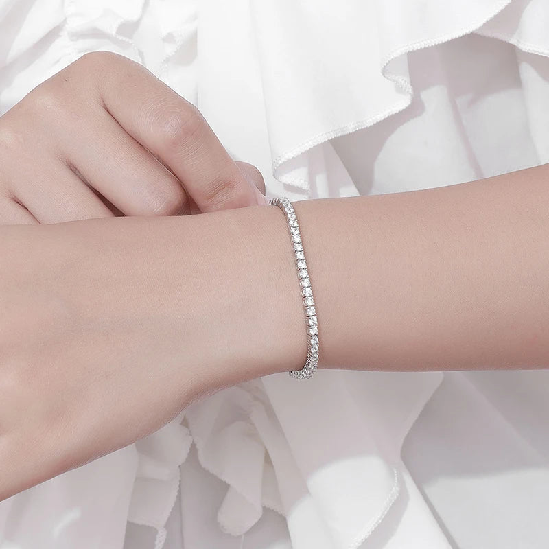 “Moissanite Tennis Bracelet, Sterling Silver, White Gold Plated, Sparkling Party Jewelry.”