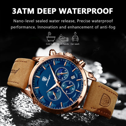 “Men’s Luxury Sports Watch: Waterproof Chronograph, Luminous Display, Business Leather Design.”