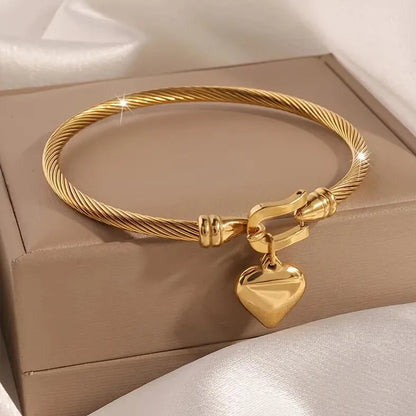 “18k Gold Color Stainless Steel Heart Pendant Charm Bangle Bracelets For Men Women”