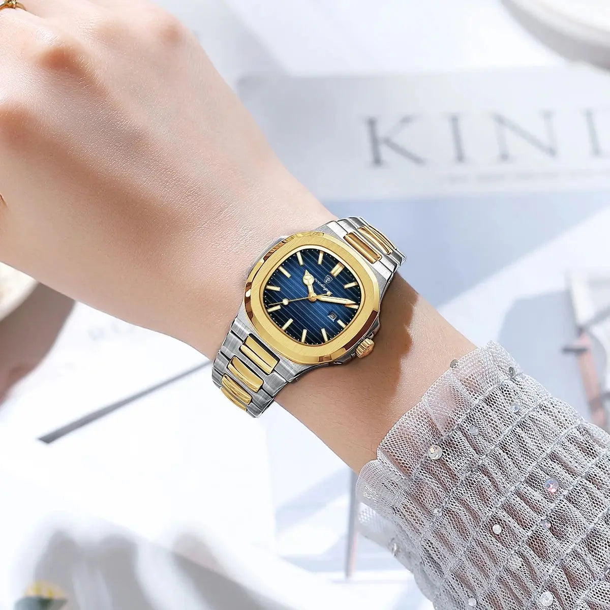 “Luxury waterproof square women’s watch with luminous date, stainless steel, quartz movement.”