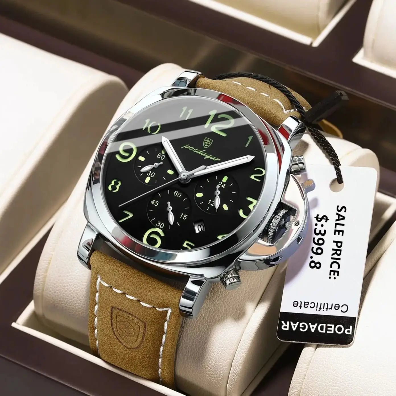 “Luxury military men’s watch, waterproof, luminous, leather strap, quartz, high quality.”