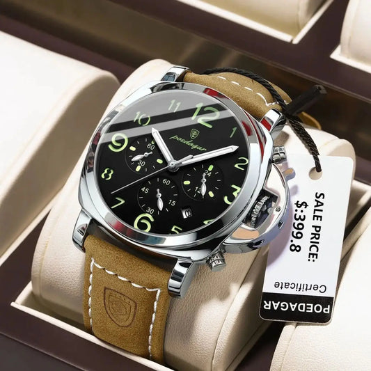 “Luxury military men’s watch, waterproof, luminous, leather strap, quartz, high quality.”