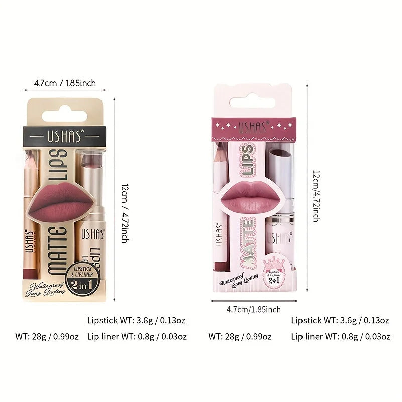 “USHAS 12-Color Matte Lipstick Set – Long-Lasting Waterproof Lipstick & Lip Liner, Non-Stick Cup”
