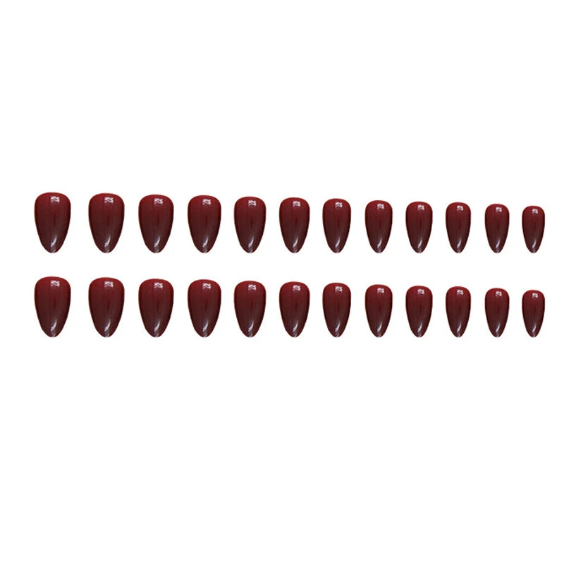 “24pcs mid-length almond-shaped wine red press-on nails.”