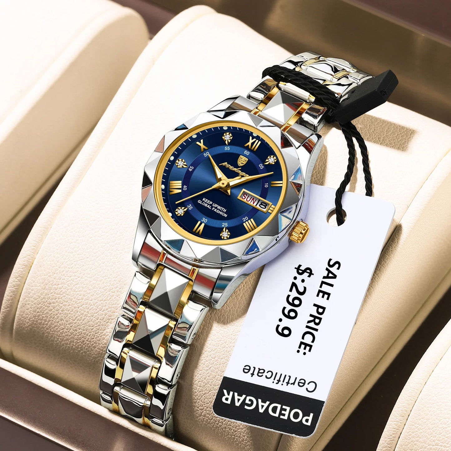 “Elegant waterproof women’s watch with luminous, week, date, stainless steel.”
