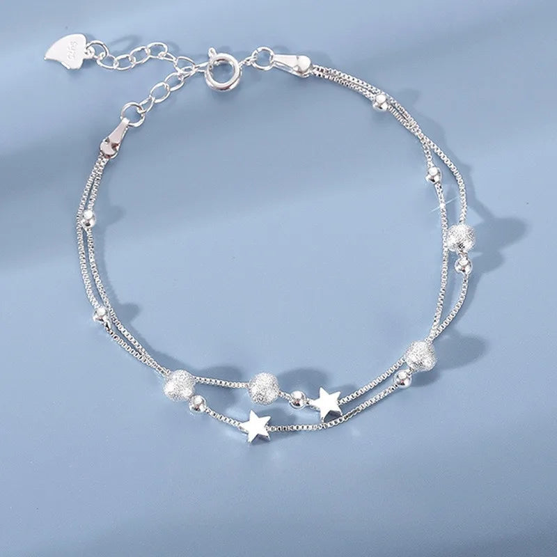 “Luxury 925 sterling silver star beaded double-layer adjustable bracelet for women.”