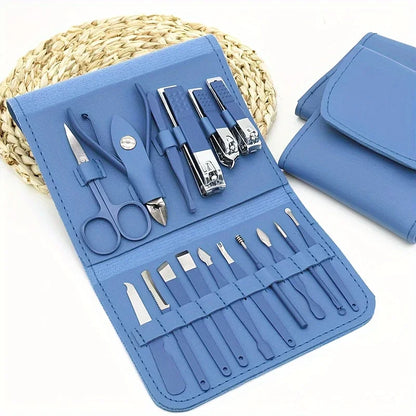 “16-piece professional manicure set with nail clippers, cuticle nippers, and travel case.”