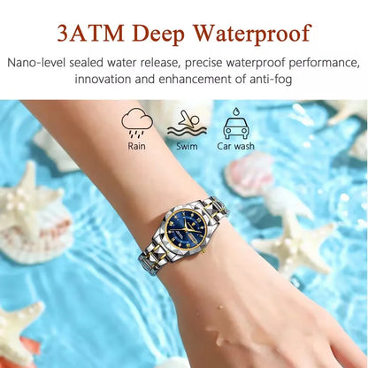 “Elegant waterproof women’s watch with luminous, week, date, stainless steel.”