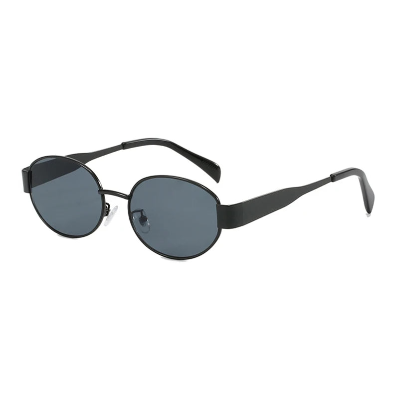 “Retro oval sunglasses, luxury metal frame, classic unisex design for driving.”