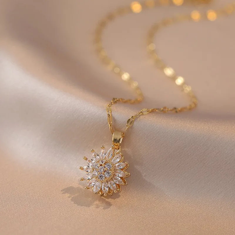 “Trendy Spin Sunflower Stainless Steel Zircon Necklace for Women, Elegant Party Gift.”