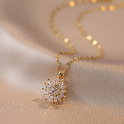 “Trendy Spin Sunflower Stainless Steel Zircon Necklace for Women, Elegant Party Gift.”