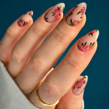 “24Pcs Matte Almond Press-On Nails – Autumn Winter Rose Leaf Design, Full Cover with Glue”