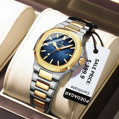 “Luxury waterproof square women’s watch with luminous date, stainless steel, quartz movement.”