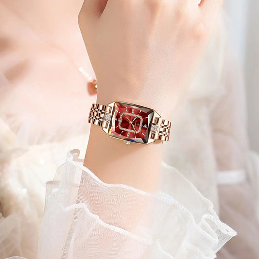 “Elegant waterproof women’s wristwatch, stainless steel, quartz, date display, stylish rectangle design.”
