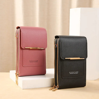 “Women’s soft leather crossbody handbag with touch screen phone purse, small wallet.”