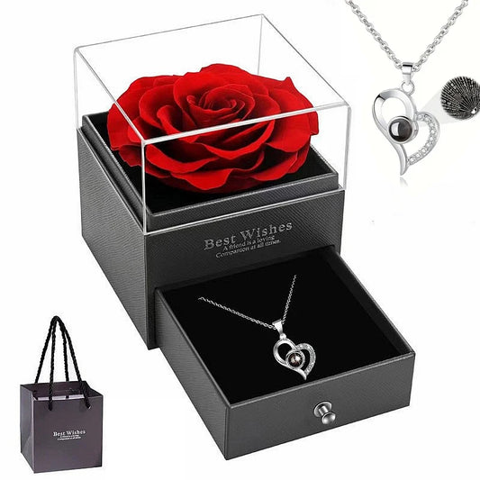“Heart-Shaped Red Rose Necklace with Gift Box - Perfect for Valentine’s, Anniversary, and Mother’s Day.”