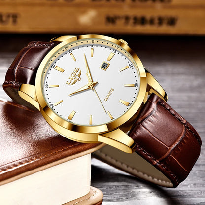 “Brown leather men’s military sports watch, waterproof, casual quartz chronograph.”