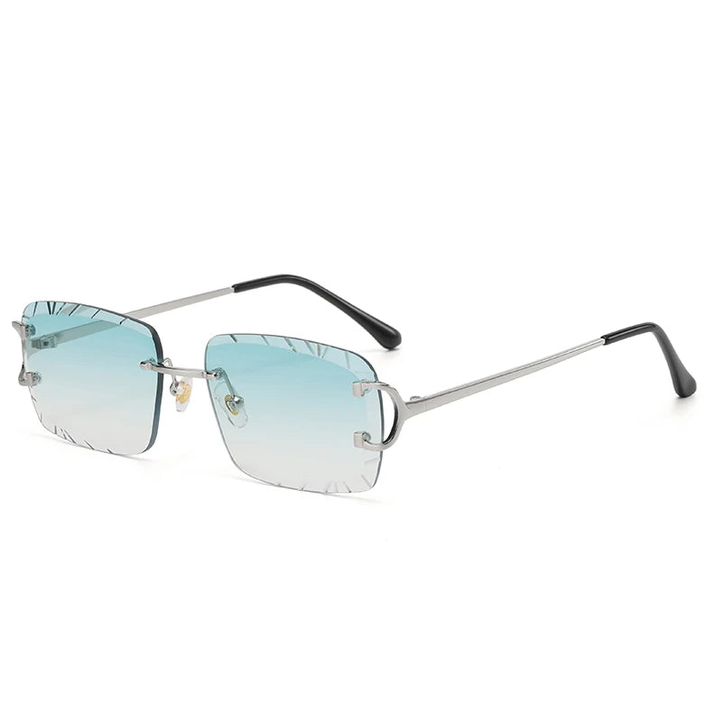 “Square rimless sunglasses, trendy metal frame, high-grade unisex street style.”