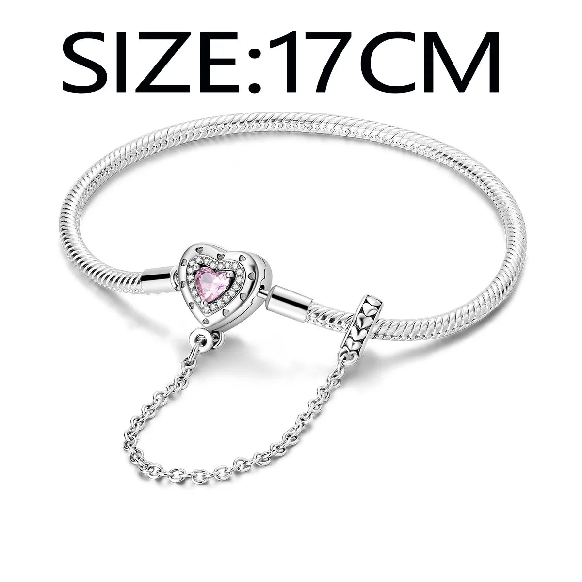 “Silver plated charm bracelet with safety chain, snake chain fits beads, perfect gift.”