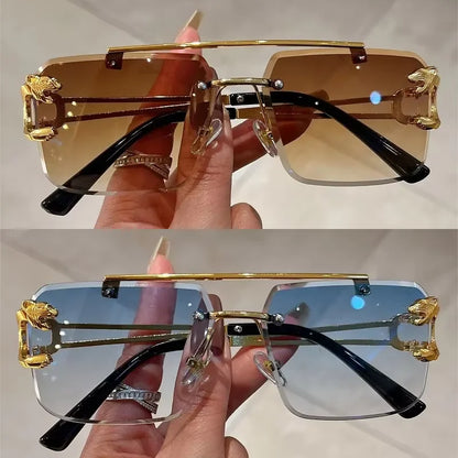 “Retro frameless unisex sunglasses, nickel double-layer design, UV400 protection.”