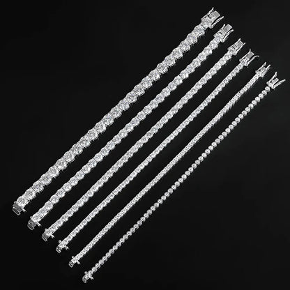 “Moissanite Tennis Bracelet, Sterling Silver, White Gold Plated, Sparkling Party Jewelry.”