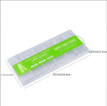 “240Pcs Clear Extra Long C Curve Nail Tips, Acrylic Gel DIY Professional Kit.”