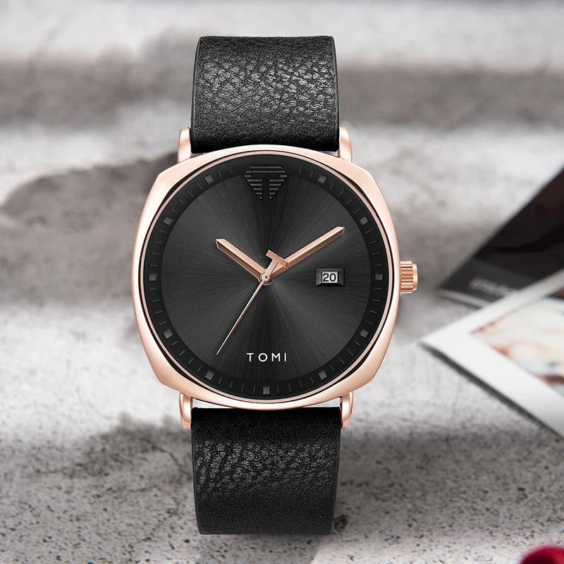 “Minimalist men’s sports watch with calendar, leather strap, casual quartz movement.”