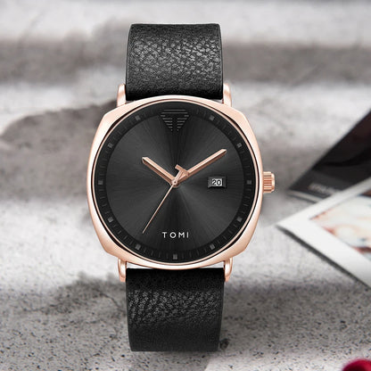 “Minimalist men’s sports watch with calendar, leather strap, casual quartz movement.”