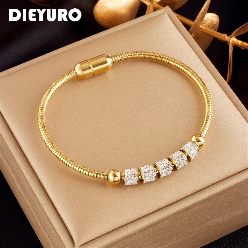 “316L Stainless Steel Gold Rhinestone Beaded Bracelet Women Fashion Magnet Clasp Jewelry”