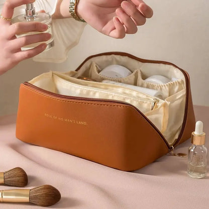 “Luxury makeup organizer bag, zippered, portable travel case for toiletries and cosmetics.”