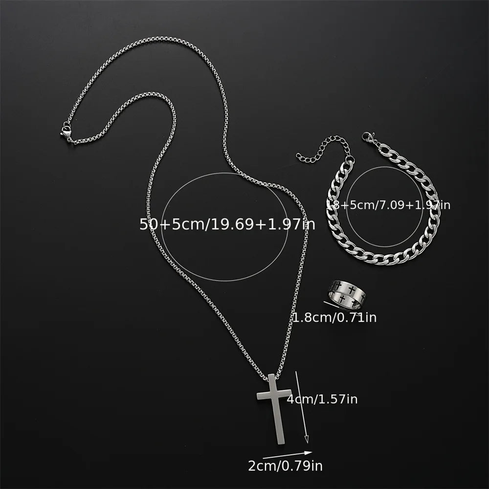 “3pcs Men’s Stainless Steel Metal Cross Pendant Set - Necklace, Bracelet, Ring for Daily Wear.”
