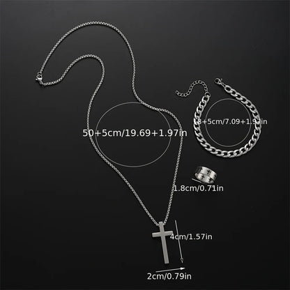 “3pcs Men’s Stainless Steel Metal Cross Pendant Set - Necklace, Bracelet, Ring for Daily Wear.”