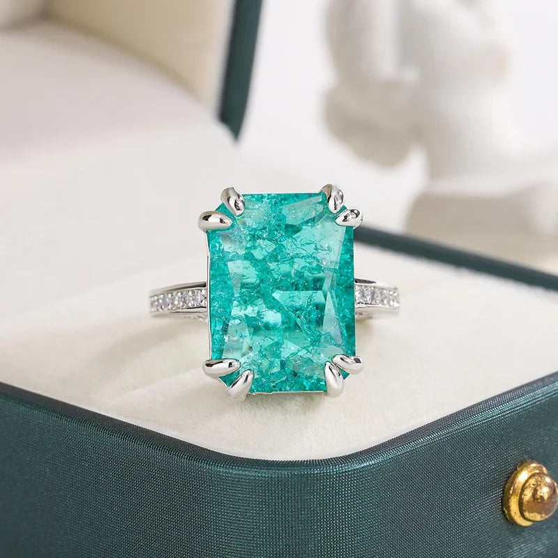 “925 Silver Plated Blue Green Moissanite Ring, Fire Sparkling, Luxury Party Birthday Jewelry.”