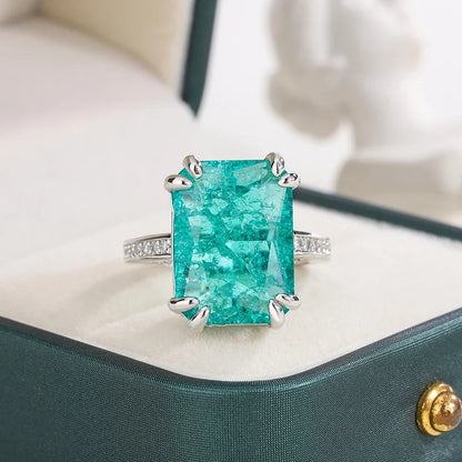 “925 Silver Plated Blue Green Moissanite Ring, Fire Sparkling, Luxury Party Birthday Jewelry.”
